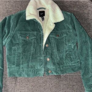 Forever 21 Green Corduroy Jacket with Cream Sherpa Collar